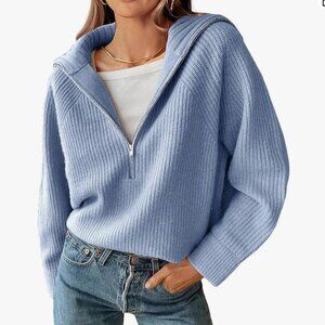 Women’s Casual Long Sleeve Half Zip Pullover Sweaters Solid V Neck Collar Ribbed